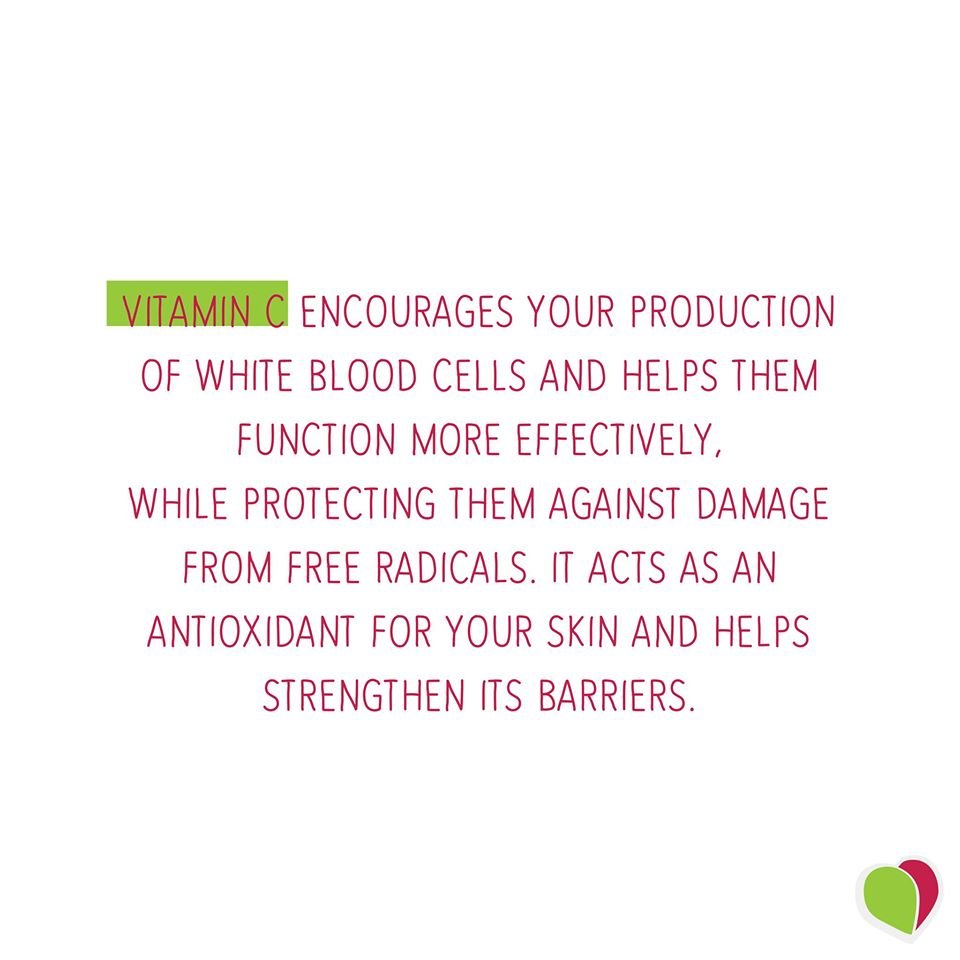 Image may contain: possible text that says 'VITAMIN C ENCOURAGES YOUR PRODUCTION OF WHITE BLOOD CELLS AND HELPS THEM FUNCTION MORE EFFECTIVELY, WHILE PROTECTING THEM AGAINST DAMAGE FROM FREE RADICALS. IT ACTS AS AN ANTIOXIDANT FOR YOUR SKIN AND HELPS STRENGTHEN ITS BARRIERS.'