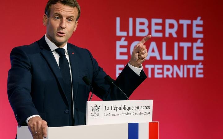 French President Emmanuel Macron delivering a speech on his strategy to fight separatism, near Paris. 