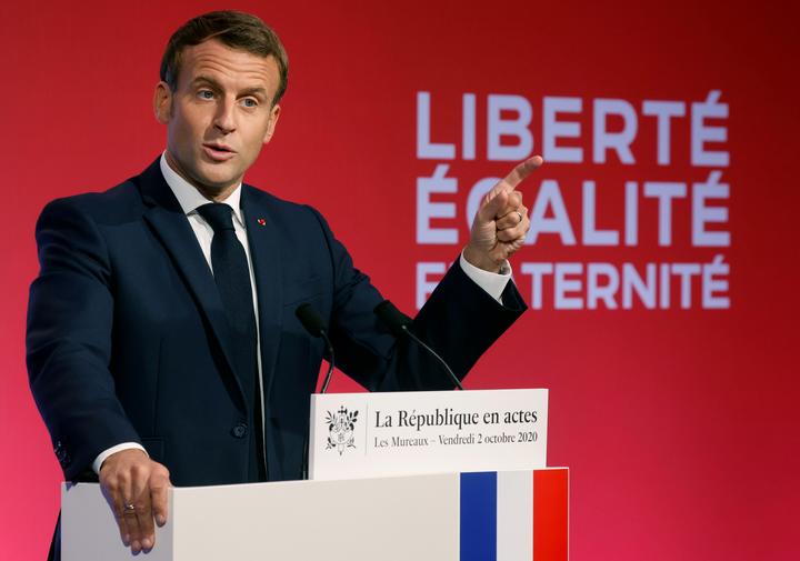 French President Emmanuel Macron delivering a speech on his strategy to fight separatism, near Paris. 