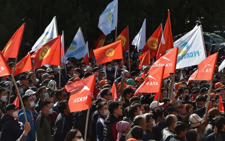 People protest against the results of a parliamentary vote in Bishkek, Kyrgyzstan 