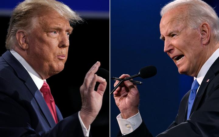 (COMBO) This combination of pictures created on October 22, 2020 shows US President Donald Trump (L) and Democratic Presidential candidate and former US Vice President Joe Biden during the final presidential debate at Belmont University in Nashville, Tennessee, on October 22, 2020. 