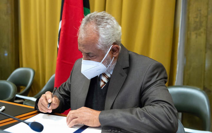 Head of the Government of National Accords military delegation Ahmed Ali Abushahma during a signing ceremony of a Libyan ceasefire agreement, on October 23, 2020. 