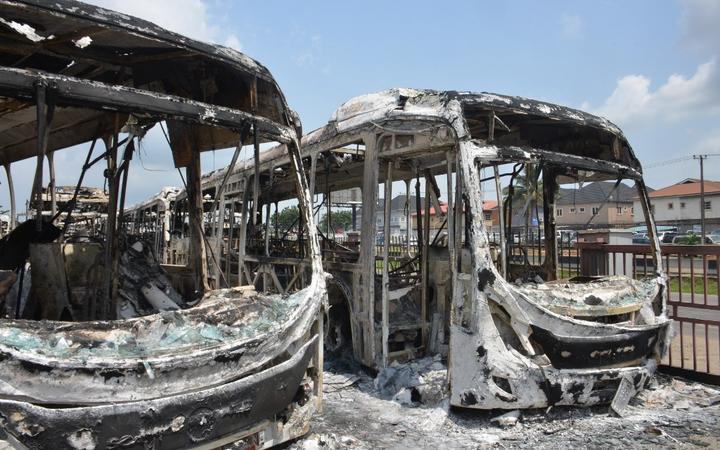 The aftermath of 23 BRT buses and a car set ablaze at Ojodu Berger terminal, along Lagos-Ibadan Expressway in Lagos on October 23, 2020. 