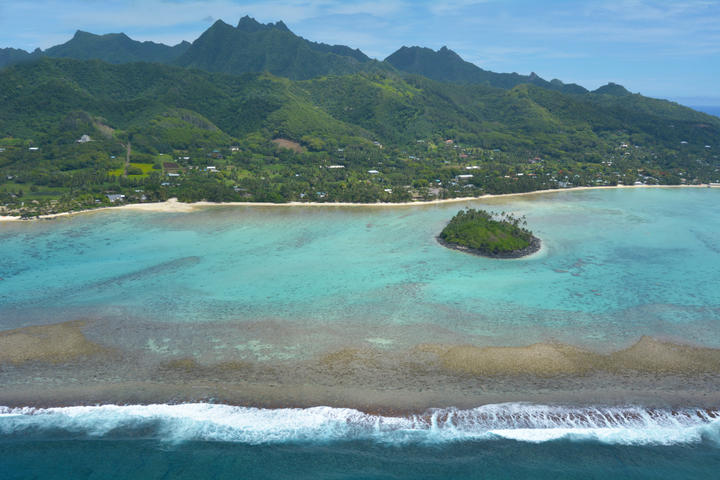 Aerial landscape view of the beautiful Muri Lagoon and a Motu (Islet) in Rarotonga Island in the Cook Islands.