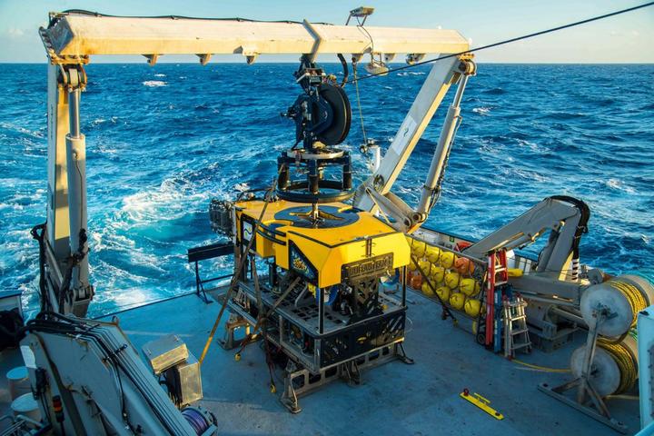 The SuBastian awaiting deployment from the back of the Falkor, while exploring Flinders Reef. 