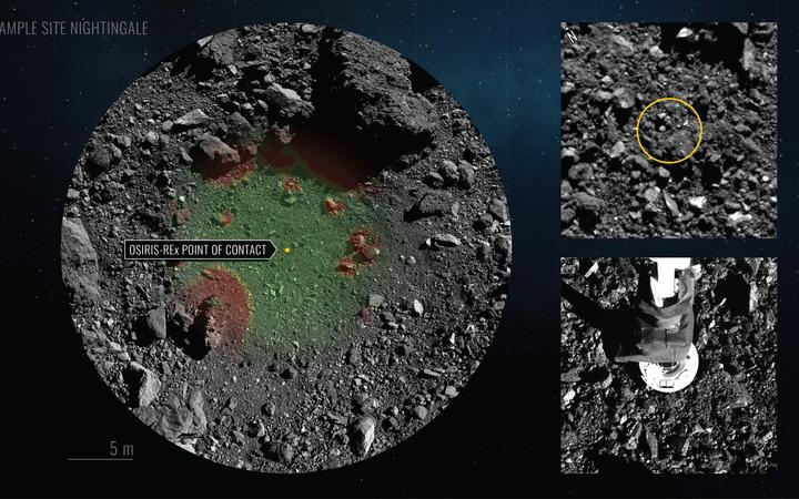 This NASA handout image obtained on October 21, 2020 shows Nightingale Hazard Map and TAG Location (L-top R) and NASA's robotic arm from spacecraft Osiris-Rex (bottom R) making contact with asteroid Bennu to collect samples. -