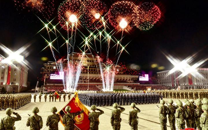 This picture taken on October 10, 2020 on October 11, 2020 shows the military parade during a ceremony to mark the 75th anniversary of the Workers' Party of Korea at Kim Il-sung Square of Pyongyang. 