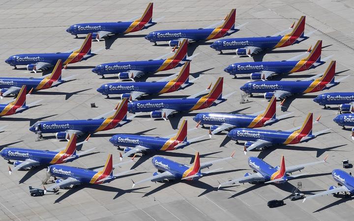 Southwest Airlines Boeing 737 MAX aircraft are parked on the tarmac after being grounded, at the Southern California Logistics Airport in Victorville, California on March 28, 2019. 