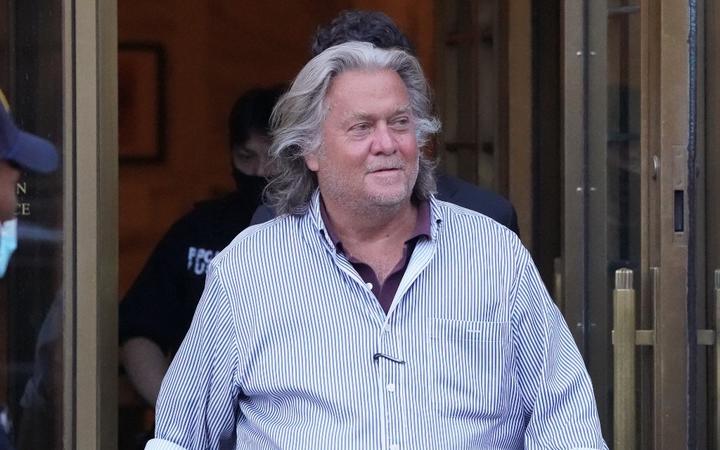 US President Donald Trump's former Chief Strategist Stephen Bannon exits Manhattan Federal Court following his arraignment on fraud charges over allegations that he used money from his group "We Build The Wall" on personal expenses on August 20, 2020, in New York. 