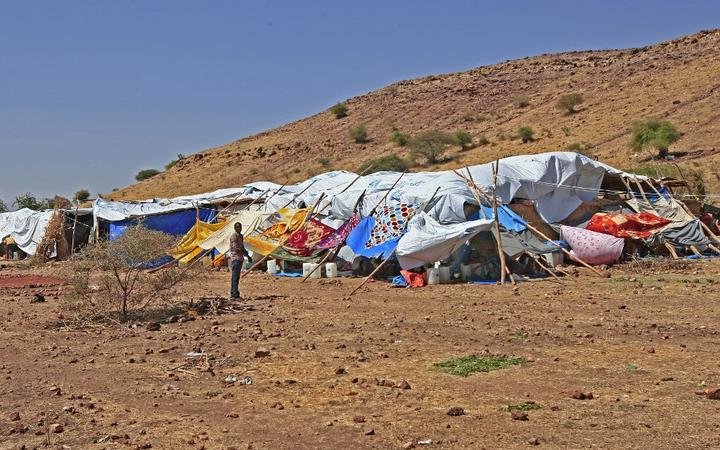 A make-shift shelter housing Ethiopian refugees who fled fighting in Tigray province, at the Um Rakuba camp in Sudan's eastern Gedaref province.