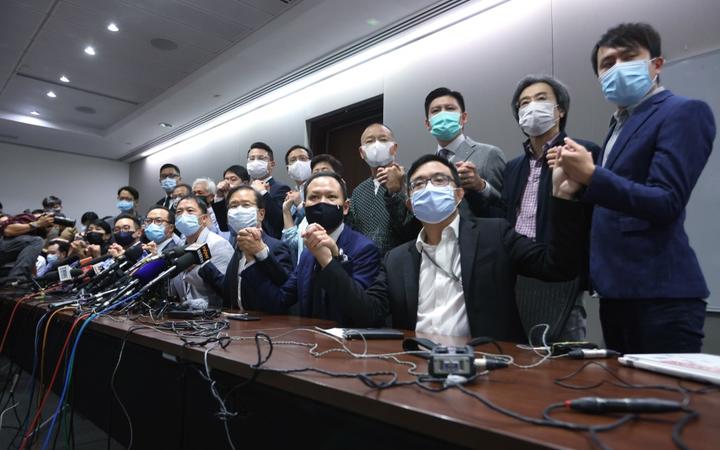 Pan-democratic legislators hold a press conference to resign from the Legislative Council en masse after Alvin Yeung Ngok-kiu, Kwok Ka-ki, Kenneth Leung and Dennis Kwok were disqualified when China passed a new resolution in Hong Kong. 