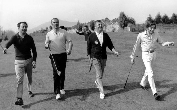 (dpa files) - The Swiss industrial heir, playboy and photographer Gunter Sachs (R) walks with Prince Alfons von Hohenlohe (L), British actor Sean Connery (2nd from L) and Prince Walter Rupprecht von Einsiedel to a golf party in Marbella, Spain, 10 April 1968. 