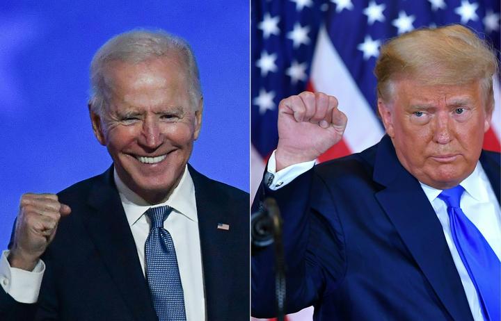 Democratic presidential nominee Joe Biden (L) in Wilmington, Delaware, and US President Donald Trump (R) in Washington, DC both pumping their fist during an election night speech early November 4, 2020. 