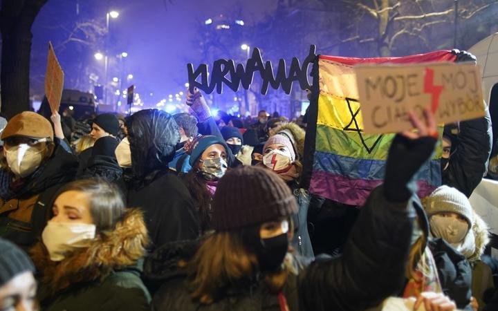 Demonstrator take part in a pro-choice demonstration in front of the constitutional court in Warsaw, Poland, on January 28, 2021, as part of a nationwide wave of protests since October 22, 2020 against Poland's near-total ban on abortion. 