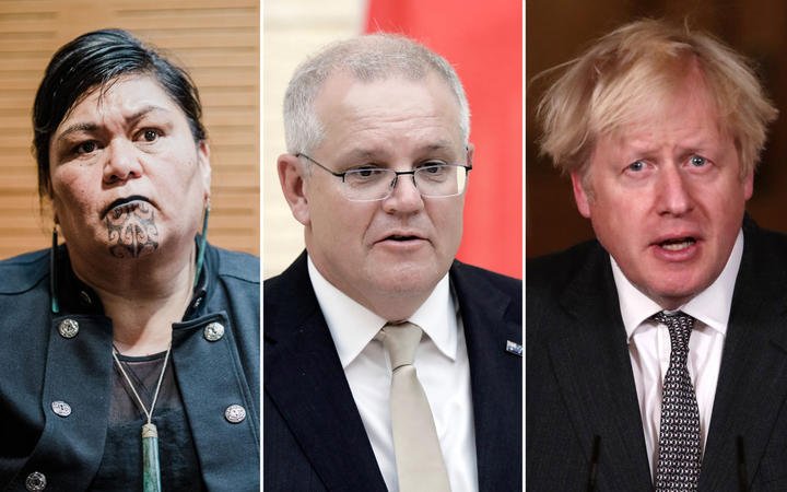 Minister of Foreign Affairs Nanaia Mahuta, Australian Prime Minister Scott Morrison and UK Prime Minister Boris Johnson.