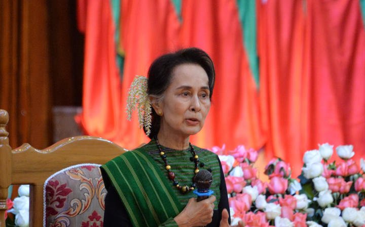 Myanmar's State Counselor Aung San Suu Kyi speaks during a meeting with citizens as part of 68th Kayah State Day anniversary events in the state capital Loikaw on January 15, 2020.
