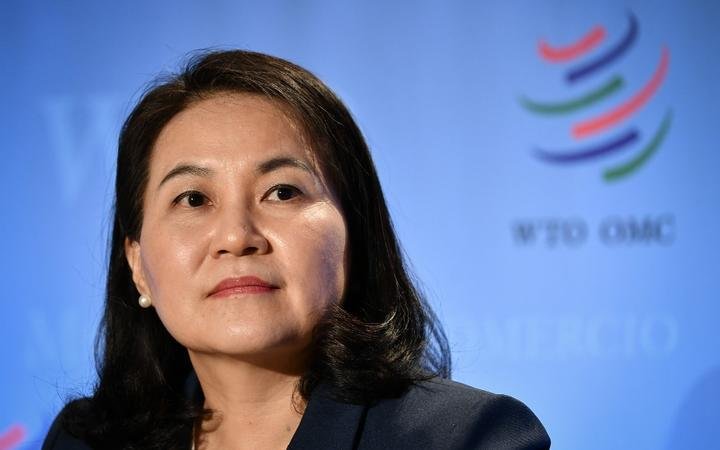 South Korean Trade Minister Yoo Myung-hee attends a press conference following her hearing before 164 member states' representatives, as part of the application process to head the World Trade Organization (WTO) as Director General in Geneva on July 16, 2020. - 